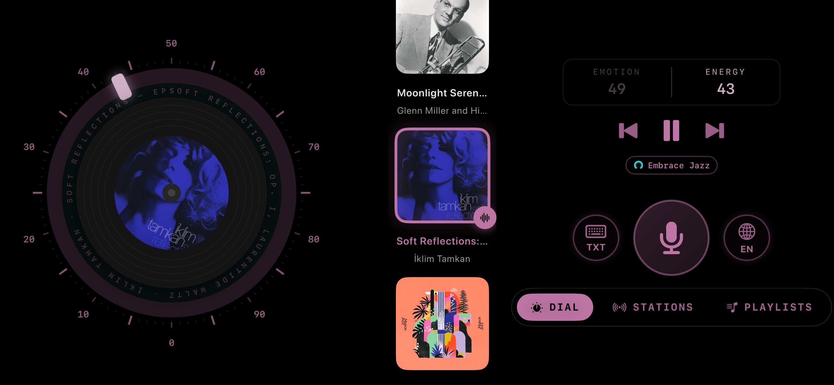 MeloTune Dial player in lilac — Iklim Tamkan 'Soft Reflections' on the vinyl, Moonlight Serenade and Soft Reflections in the queue, Embrace Jazz station, emotion 49 · energy 43