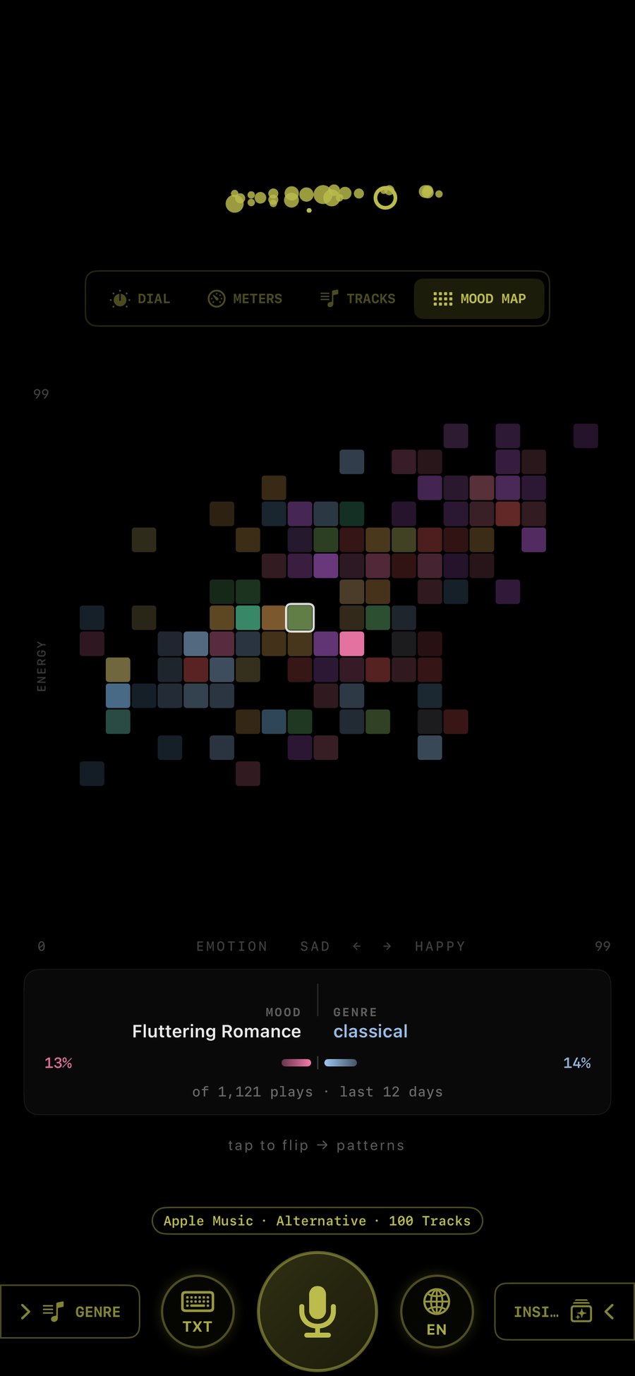 MeloTune Memory — 20×20 heatmap of your plays laid out by mood