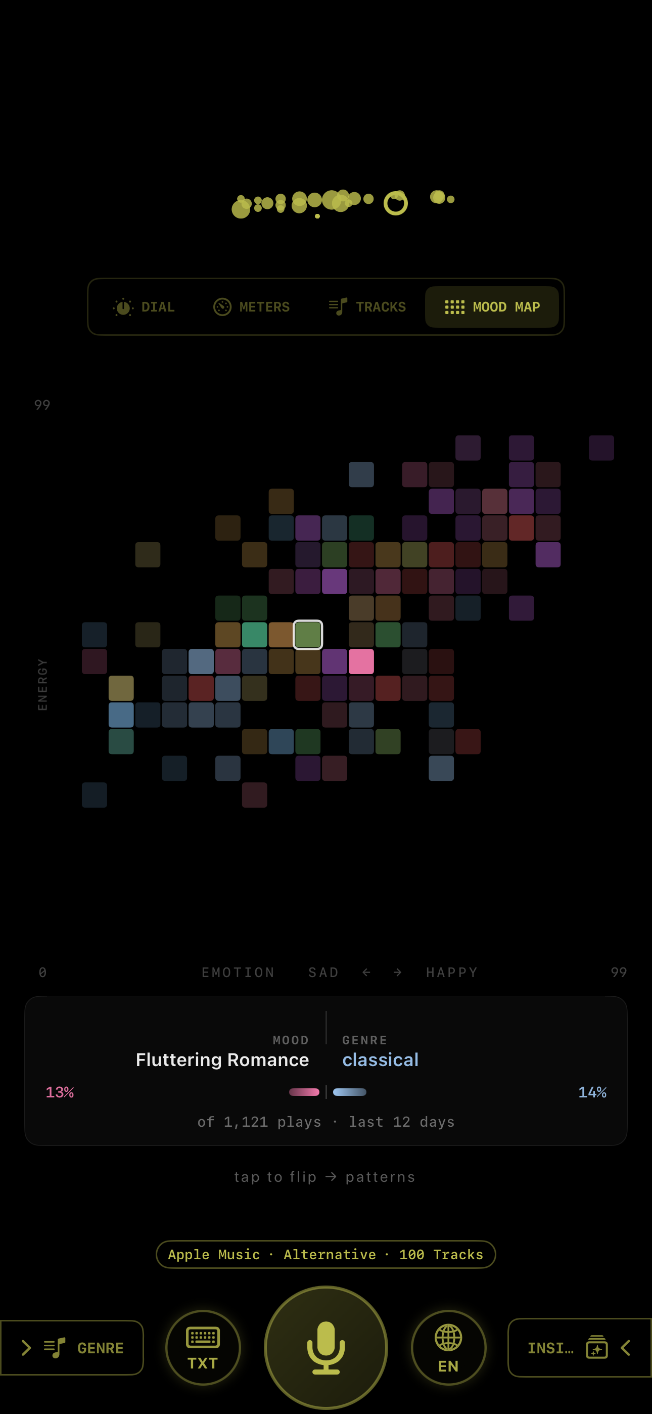 MeloTune Mood Map — 20×20 heatmap of last 12 days of plays, Fluttering Romance classical dominant 14% of 1,121 plays