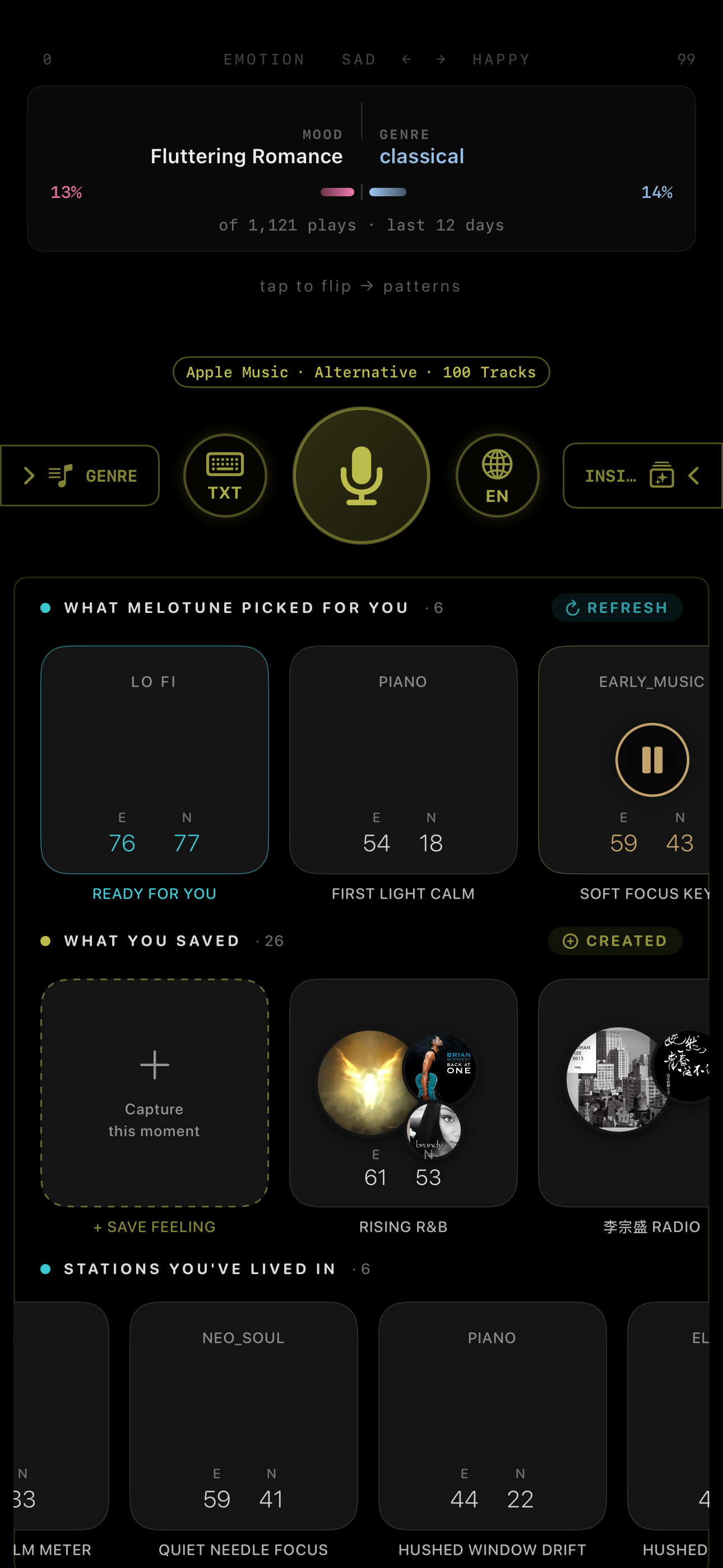MeloTune Mood Music Stations home screen — three rows: What MeloTune Picked For You (LO_FI Ready For You / PIANO First Light Calm / EARLY_MUSIC Soft Focus Key), What You Saved (Capture this moment / RISING R&B / 李宗盛 Radio), Stations You've Lived In (NEO_SOUL Quiet Needle Focus / PIANO Hushed Window Drift)