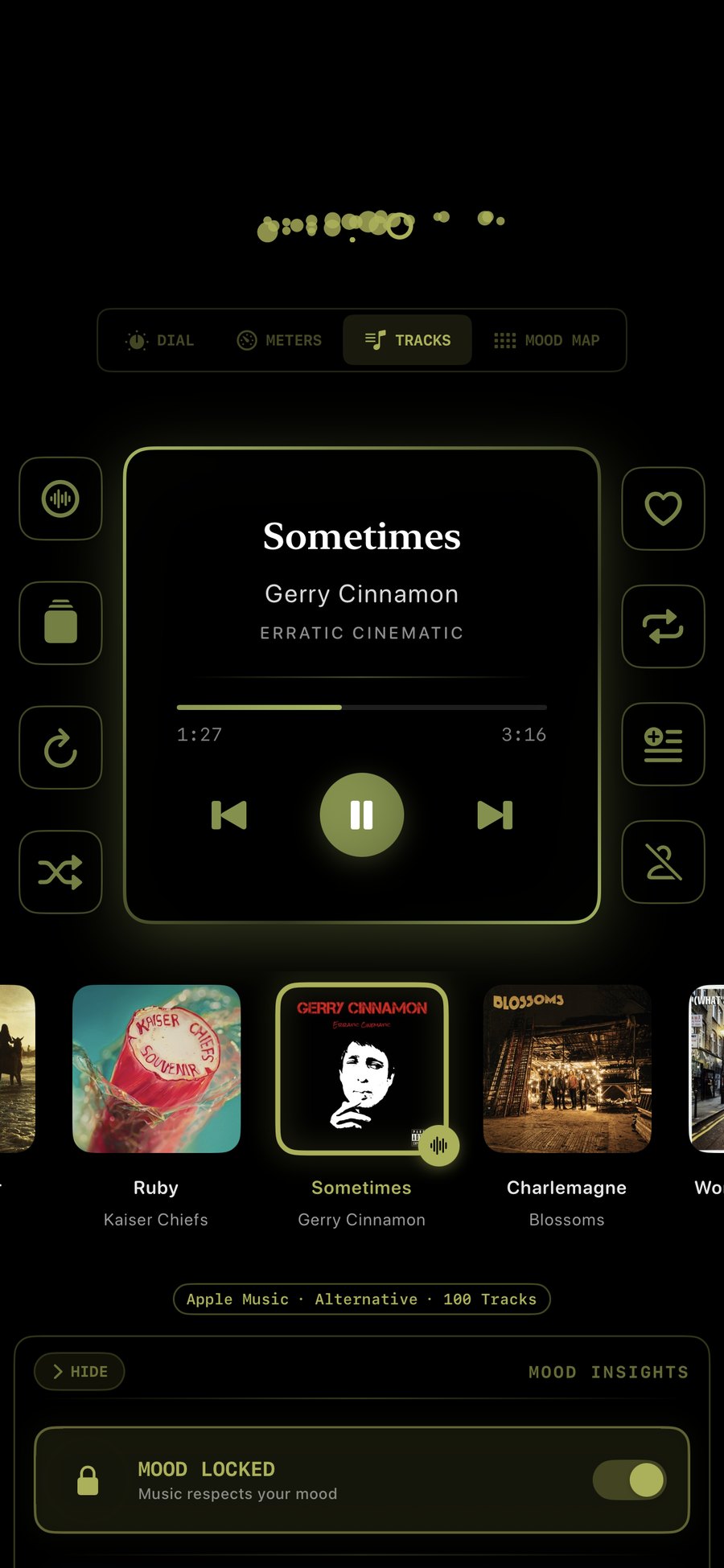 MeloTune Tracks mode with Mood Locked — Gerry Cinnamon 'Sometimes' playing, queue underneath, amber chassis