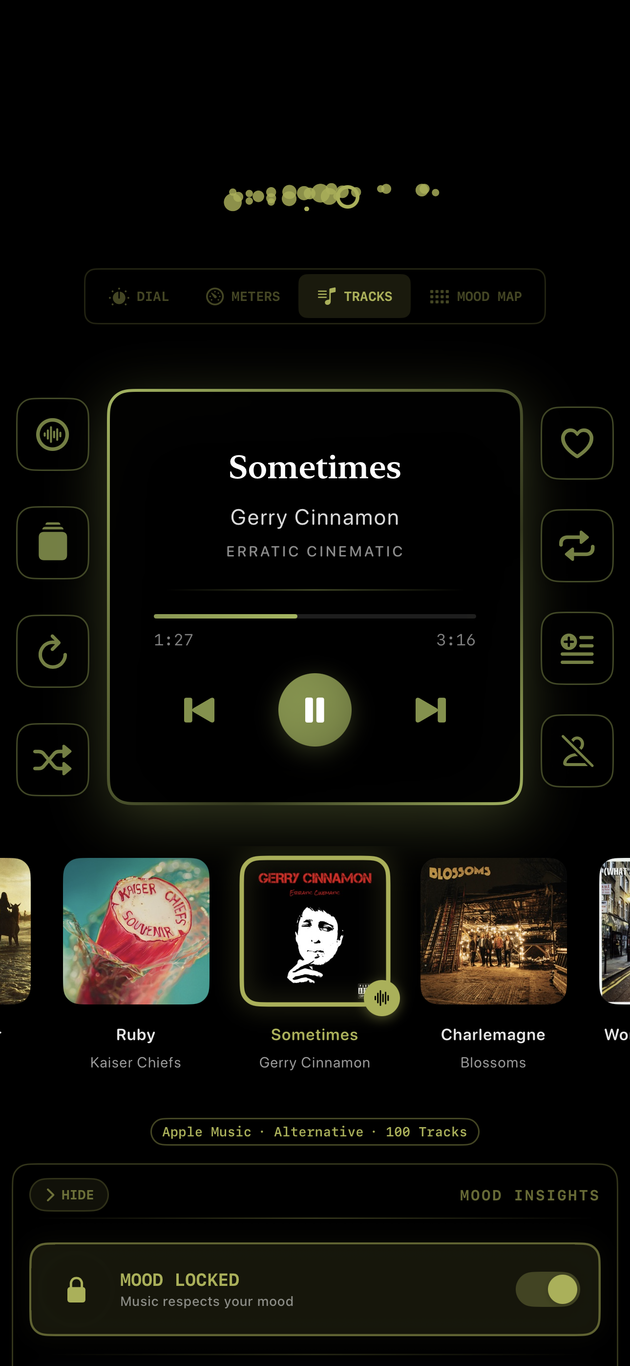 MeloTune Tracks mode with Mood Locked — Gerry Cinnamon 'Sometimes' Erratic Cinematic player card playing, queue underneath, amber chassis