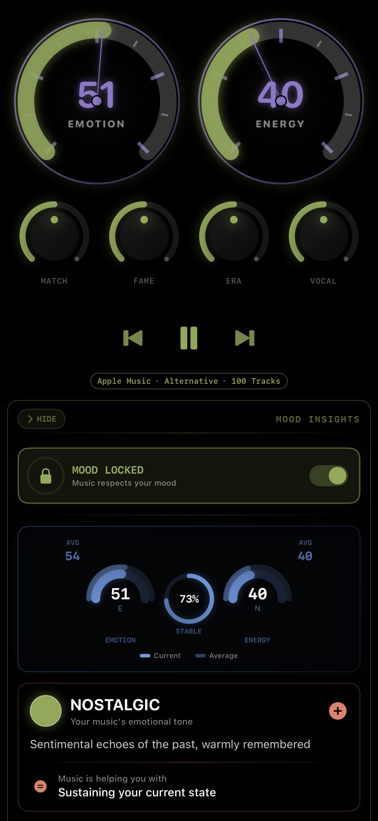 MeloTune Meters mode — twin gauges showing 51 emotion / 4.0 energy with MATCH / FAME / ERA / VOCAL knobs and the NOSTALGIC mood tone card