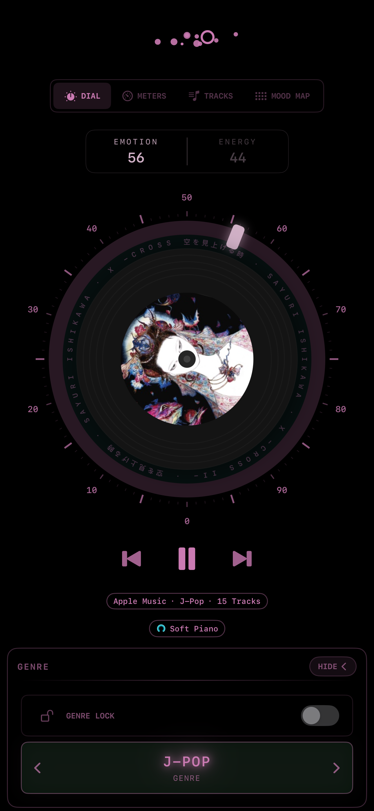 MeloTune Dial mode — vinyl-style emotion × energy dial at 56/44, J-Pop genre, Soft Piano station, mood-color accents in lilac