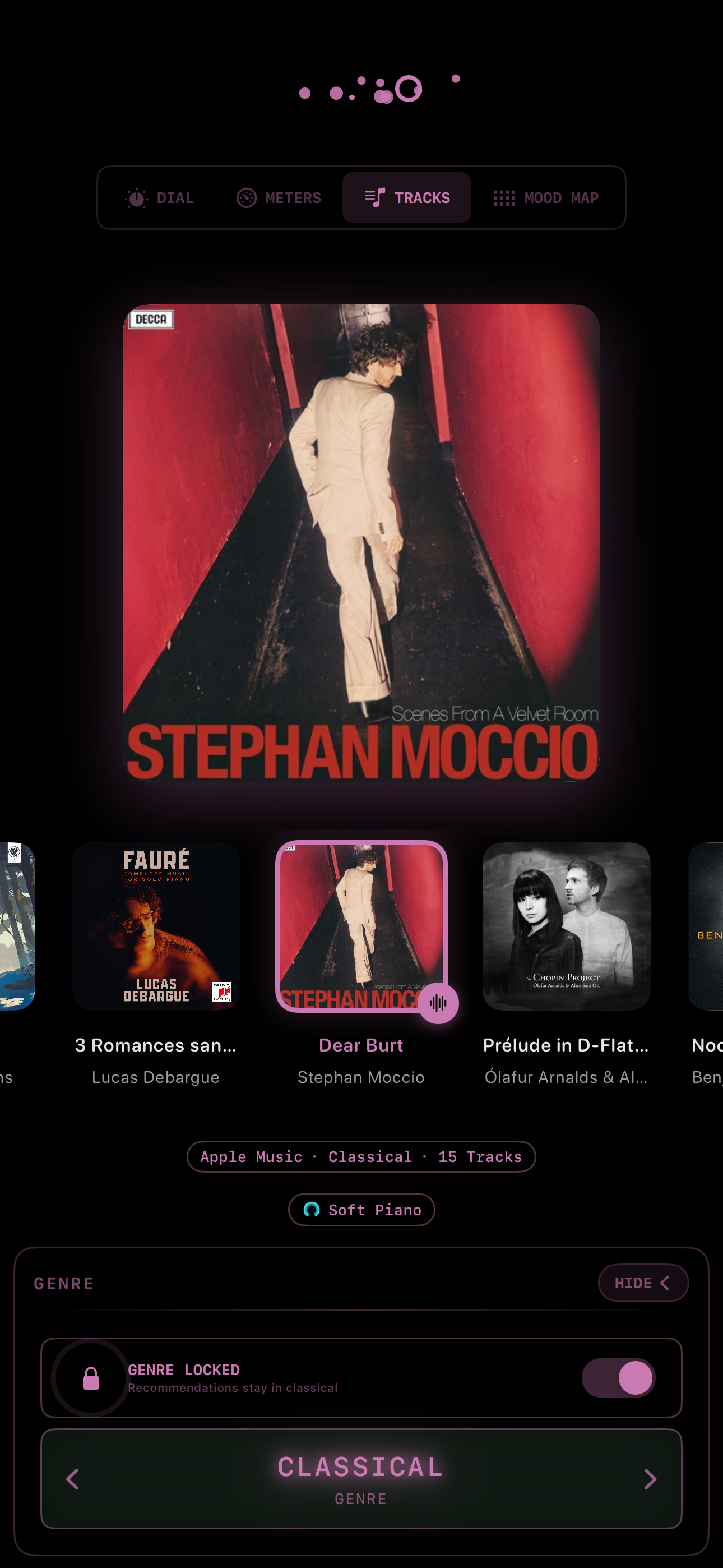 MeloTune Tracks mode in lilac — Stephan Moccio 'Scenes From A Velvet Room' big art, Apple Music Classical 15 tracks, Soft Piano station