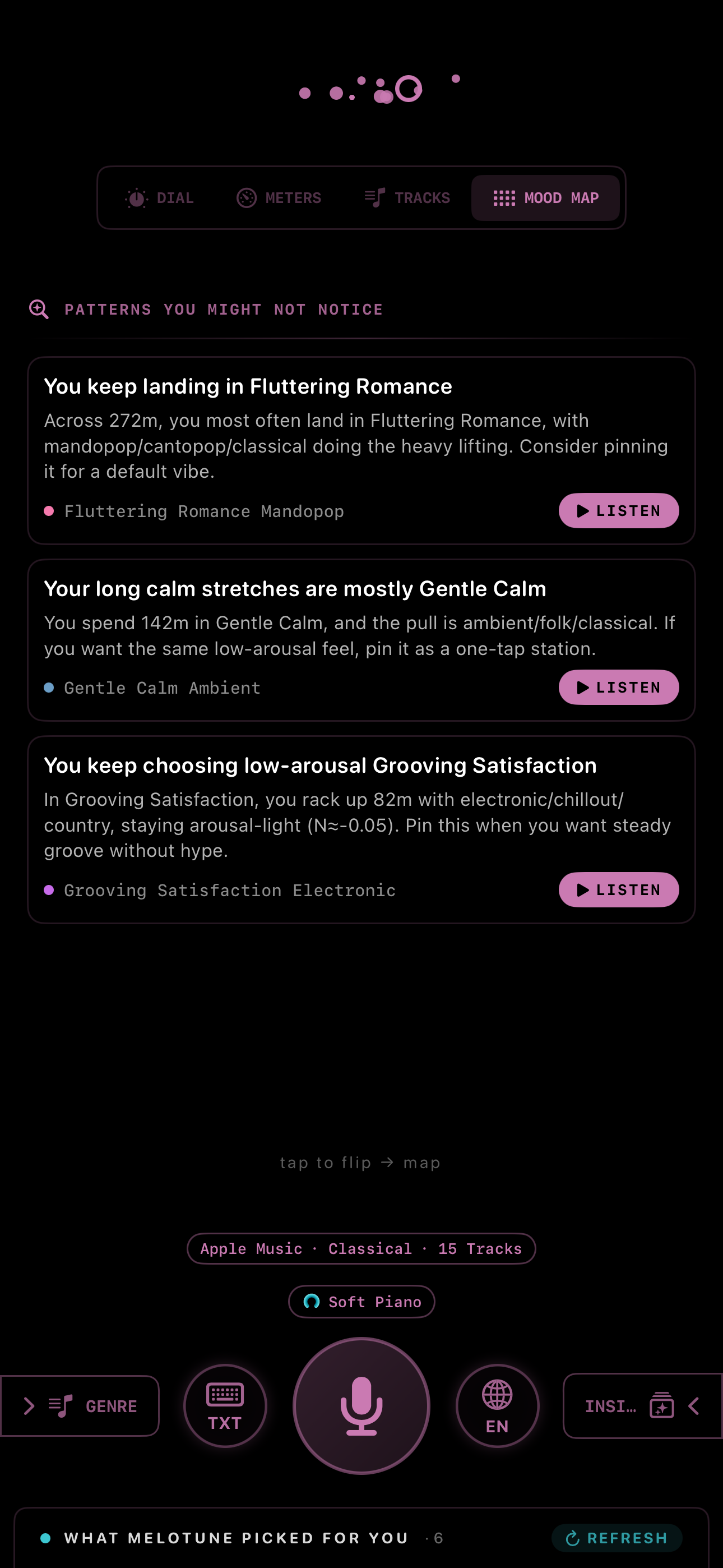 MeloTune Mood Map patterns view — three observations the on-device LLM surfaced: Fluttering Romance Mandopop, long calm stretches in Gentle Calm Ambient, low-arousal Grooving Satisfaction Electronic