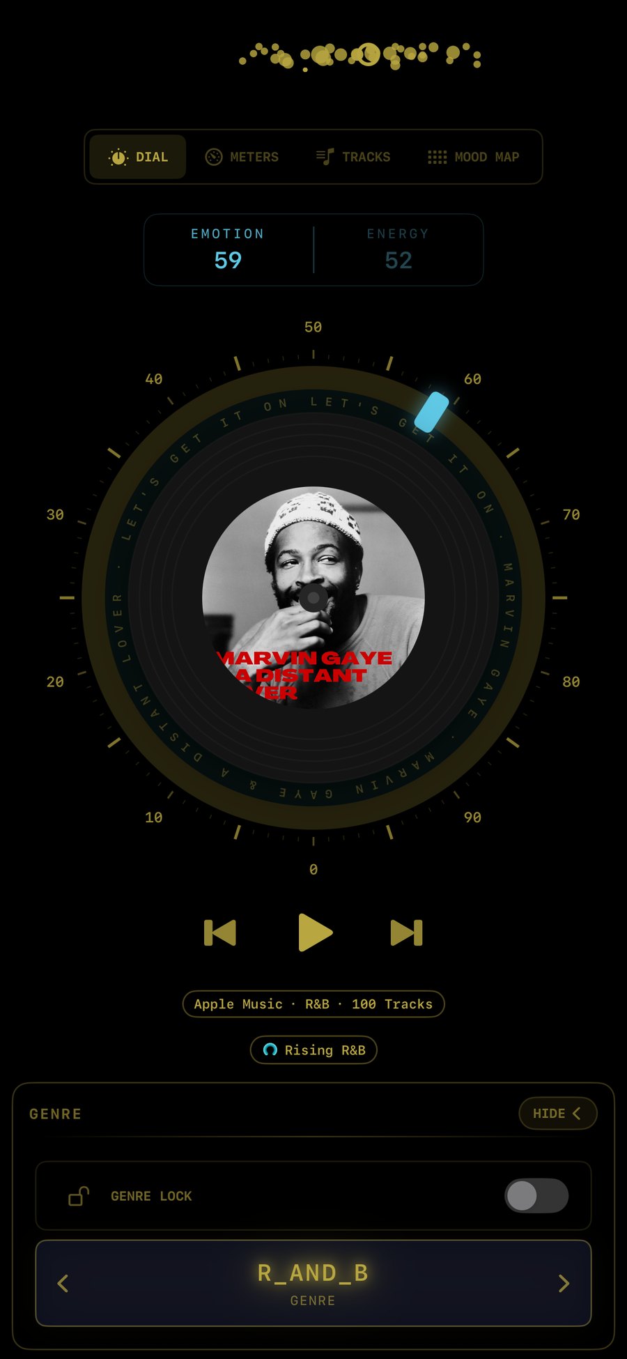 MeloTune Dial mode tuned to R&B — Marvin Gaye on the vinyl, emotion 59 / energy 52, R_AND_B genre locked, lilac chassis