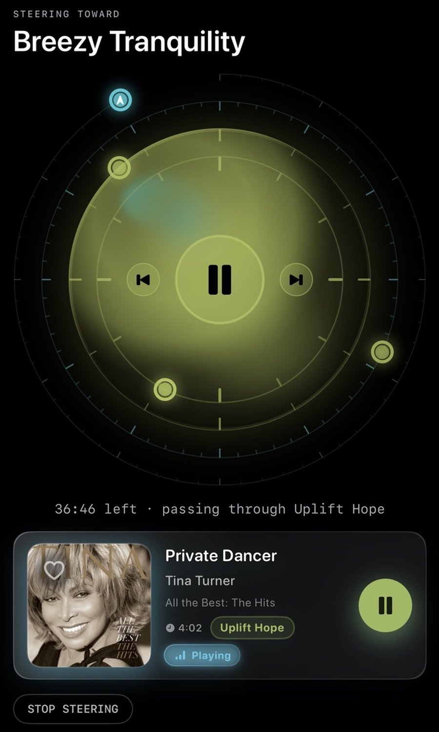 MeloTune Journey — steering toward Breezy Tranquility, 36:46 left · passing through Uplift Hope; Tina Turner 'Private Dancer' playing