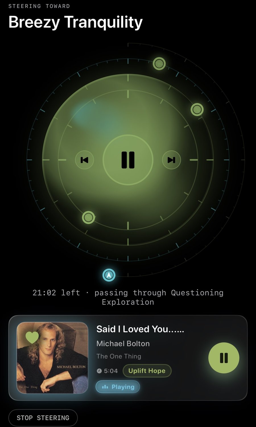 21:02 left · passing through Questioning Exploration; Michael Bolton 'Said I Loved You…' playing