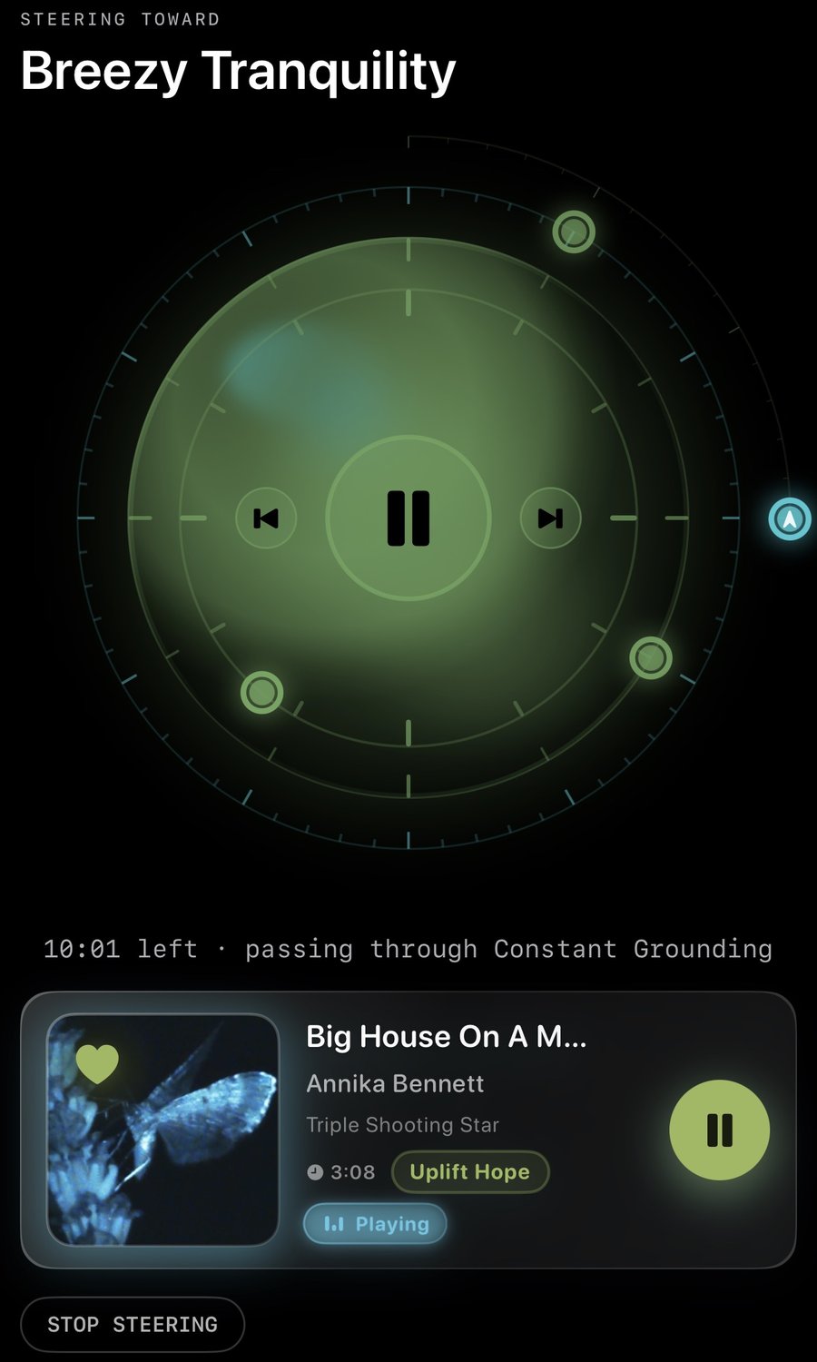 10:01 left · passing through Constant Grounding; Annika Bennett 'Big House On A Mountain' playing