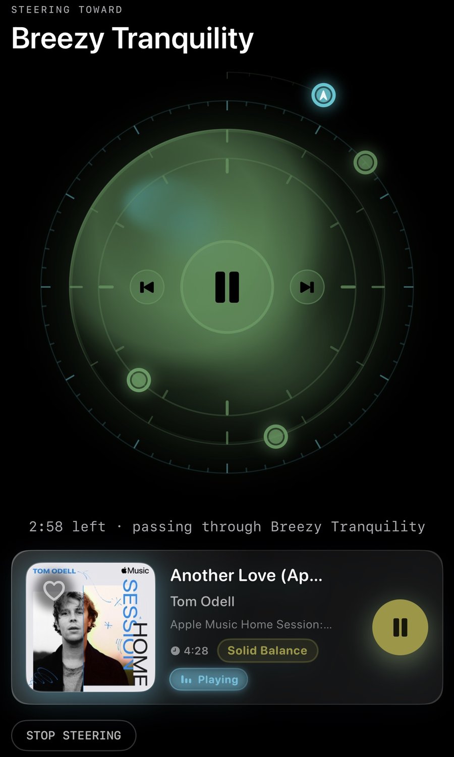 2:58 left · passing through Breezy Tranquility; Tom Odell 'Another Love' playing